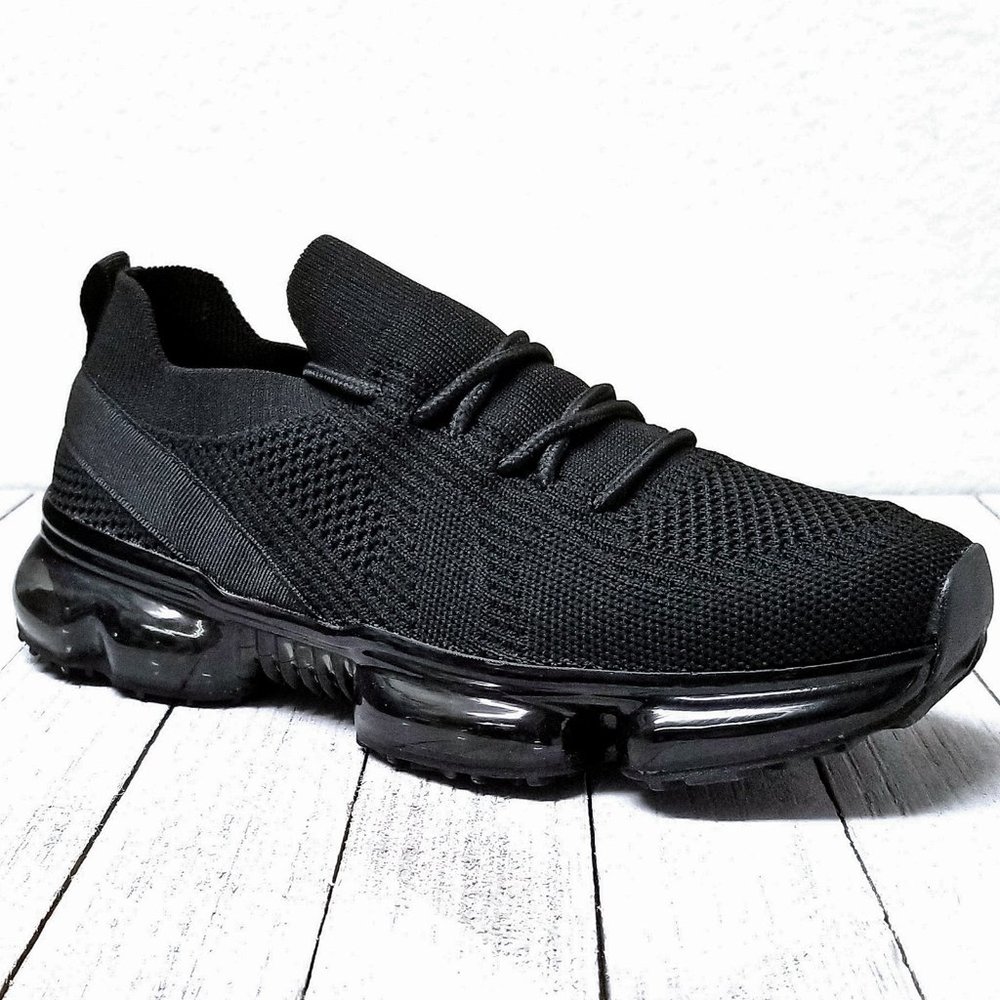 New Black Knitted Lace Up Clear Heel Sneakers